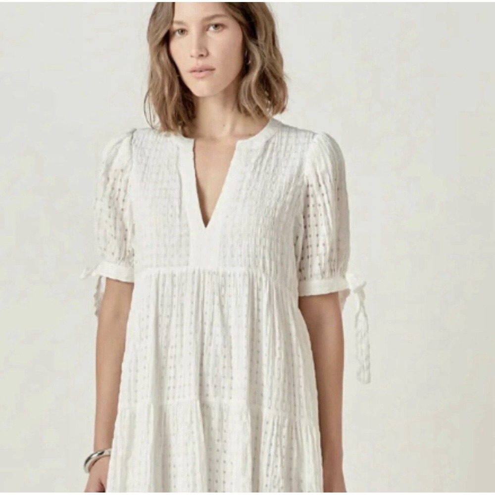 English Factory Tiered Midi Dress Size L White Gingham Puff Sleeves Pockets